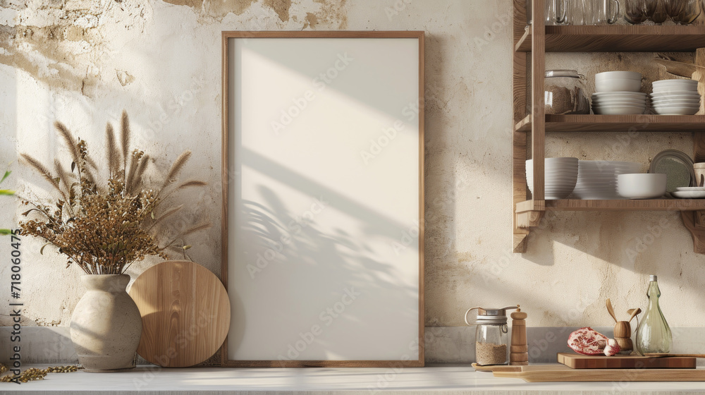 Frame mockup in contemporary minimalist beige room interior. Generative Ai Frame mockup in contemporary minimalist beige room interior. Generative Ai