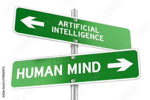 Artificial Intelligence or Human Mind. Opposite traffic sign, 3D rendering isolated on transparent background