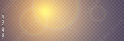 Bright light with glare and reflection of the camera lens. Sun, sun rays, dawn, lens flare on a transparent background. 