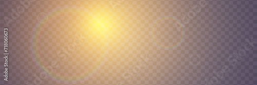 Bright light with glare and reflection of the camera lens. Sun, sun rays, dawn, lens flare on a transparent background. 
