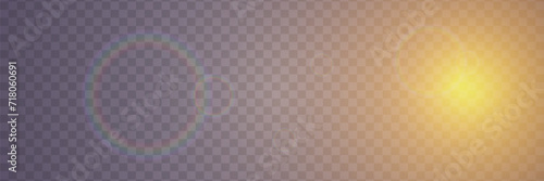 Bright light with glare and reflection of the camera lens. Sun, sun rays, dawn, lens flare on a transparent background.	
