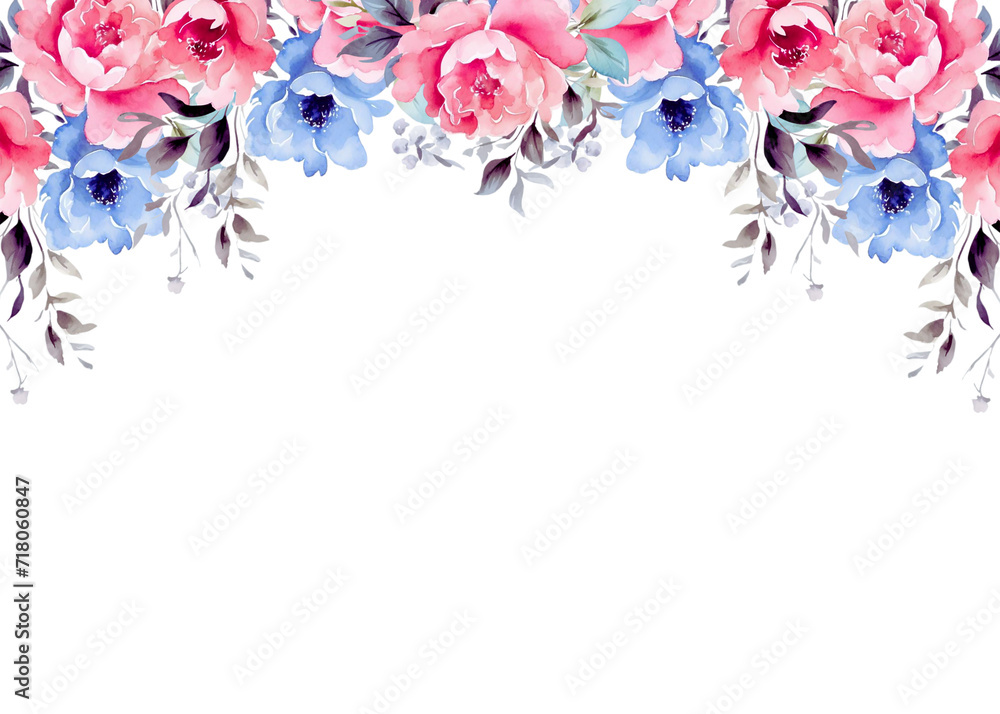 Watercolor floral BORDER / FRAME horizontal PNG with transparent background, with blue and pink flowers. - obrazy, fototapety, plakaty 