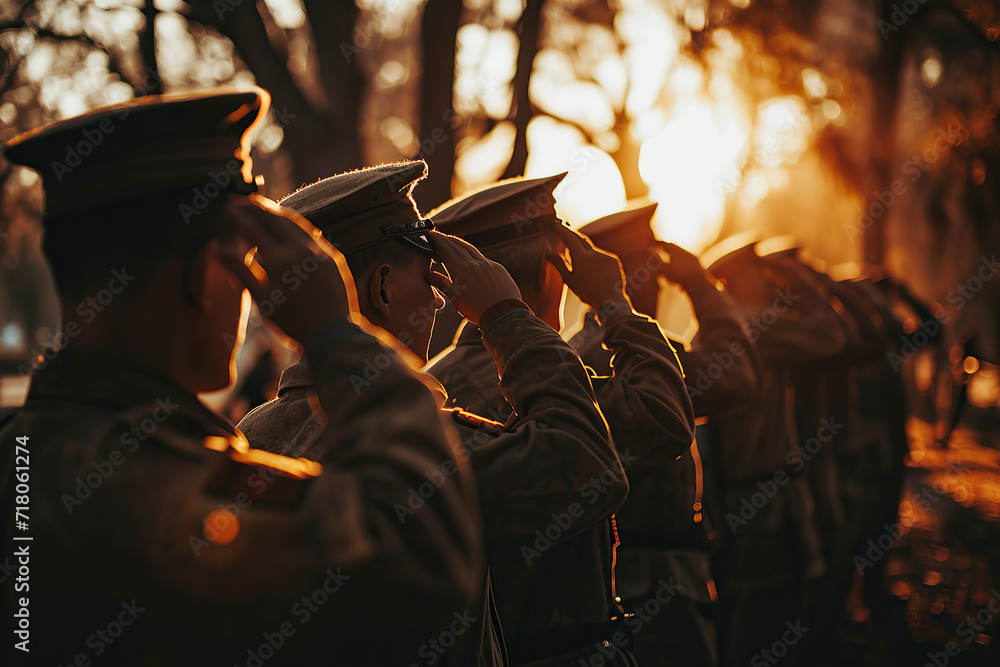 Group of veterans standing in formation, saluting during a solemn ceremony, portraying honor and respect. - obrazy, fototapety, plakaty 