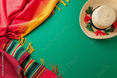 Straw Hat and Colorful Scarf on Green Surface
