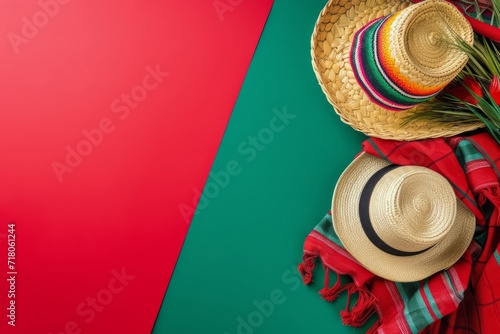 Hat, Scarf, and Straw Hat on Green and Red Background, mexican traditional colors. 