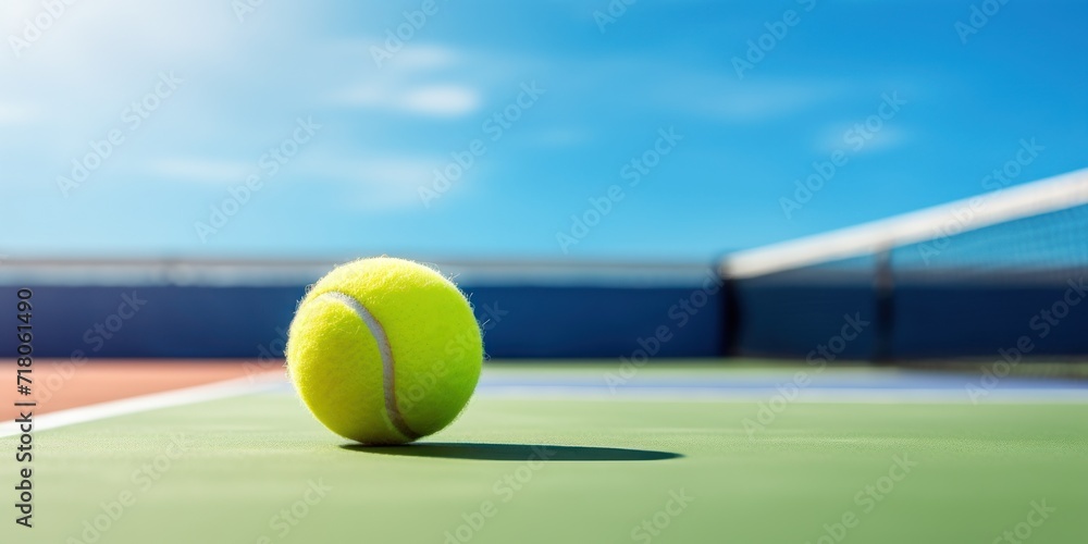 Tennis Court With Yellow Tennis Ball Closeup. Competitive Sport Game, Blue Sky On Background. Training, Match, Competition