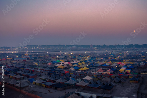 Morning rising Sun in Tent City Sangam during Magh Mela Prayagraj Uttar Pradesh. photo