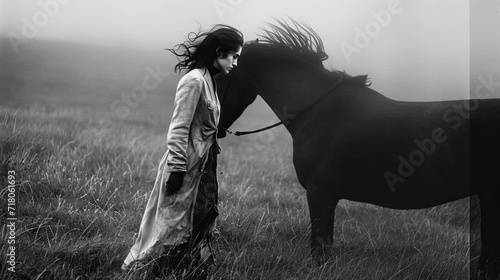 Young woman in black dress with her black horse outdoor. photo