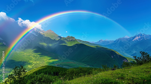 Beautiful rainbow in green mountain valley with green hills with copy space. Ecotourism concept. Generative AI © AngrySun