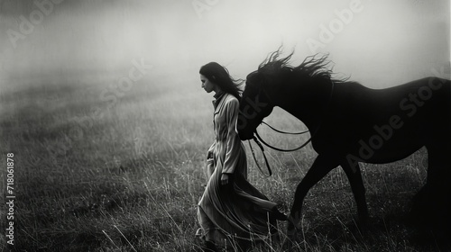 Young woman in black dress with her black horse outdoor.