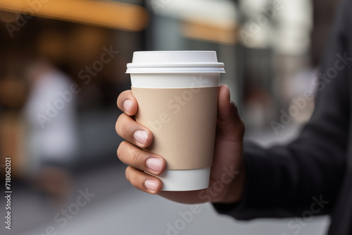 closeup of a Hand holding a paper cup in a hand
