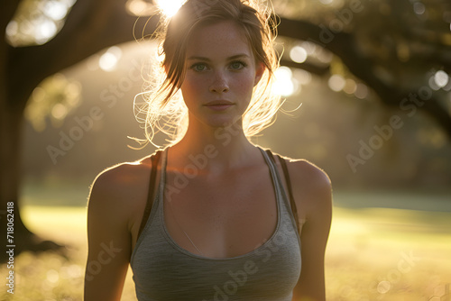 Sunlit fitness moment, a person in sportswear enjoys nature's serenity. Ideal for promoting health, wellness, and an active lifestyle