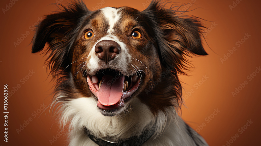 Joyful dog with vibrant expression running towards the camera, color backdrop