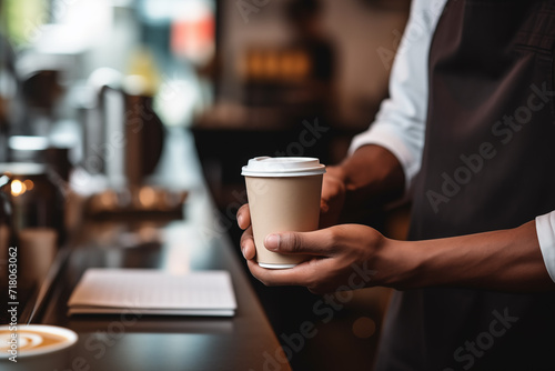 A barista in a black apron places a customer's paper coffee cup on the counter in a trendy coffee shop