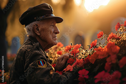 Veteran visiting a war memorial or cemetery, standing in contemplation or laying flowers to honor fallen comrades. photo