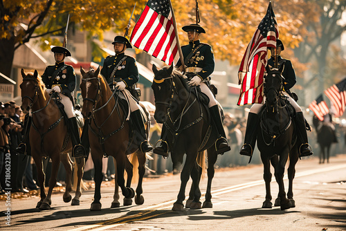 Veterans marching or riding in a parade, showcasing their pride and camaraderie amidst a patriotic celebration. photo