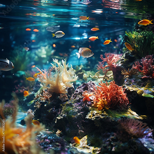 coral reef with tropical fish swimming in aquarium
