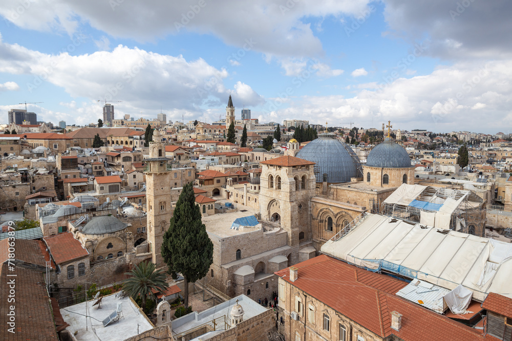 bird’s eye panorama of the old city of Jerusalem, Church of the Holy Sepulchre view
