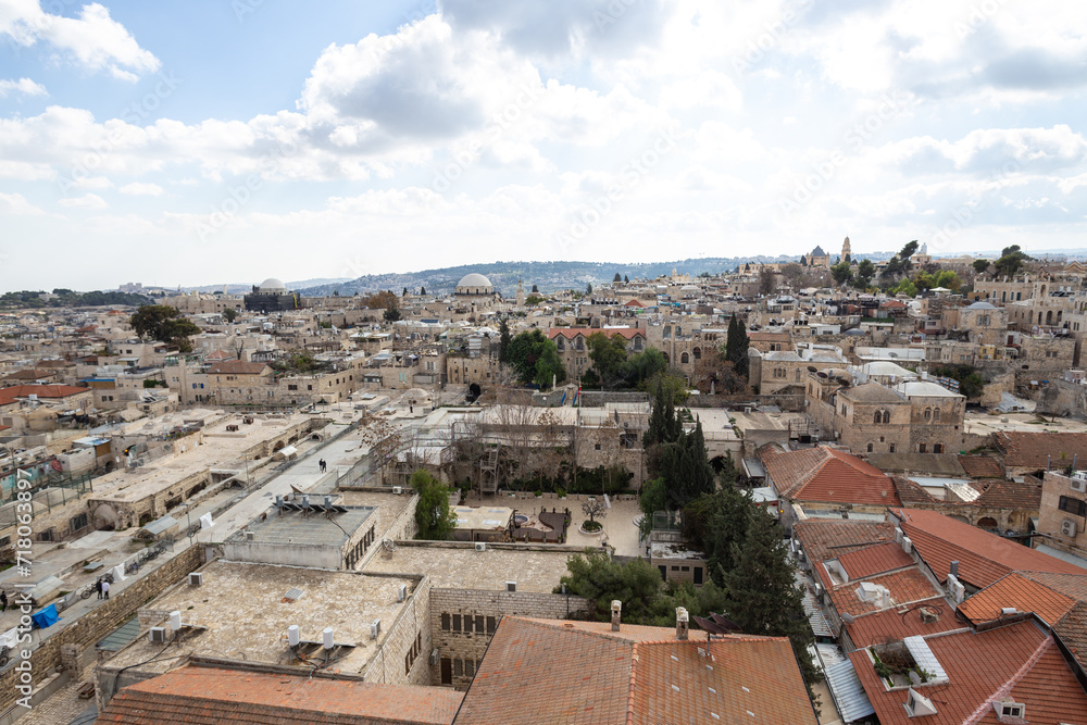 bird’s eye view panorama of the old city of Jerusalem