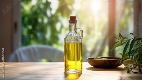 Transparent Glass Bottle Filled With Golden Yellow Oil Bathed in Sunlight on Wooden Table