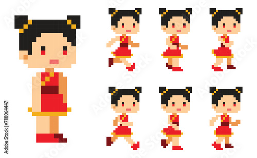 Pixel art chinese girl character run animation