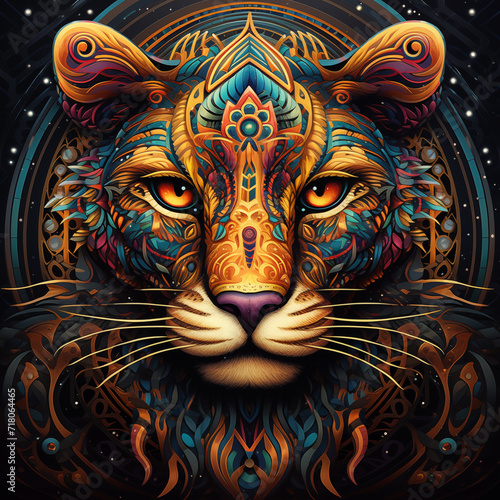 Leopard face with mandala pattern in DMT style, a powerful symbol of wildlife