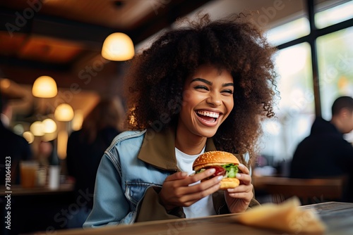  Joyful Woman Enjoying a Delicious Burger at a Restaurant