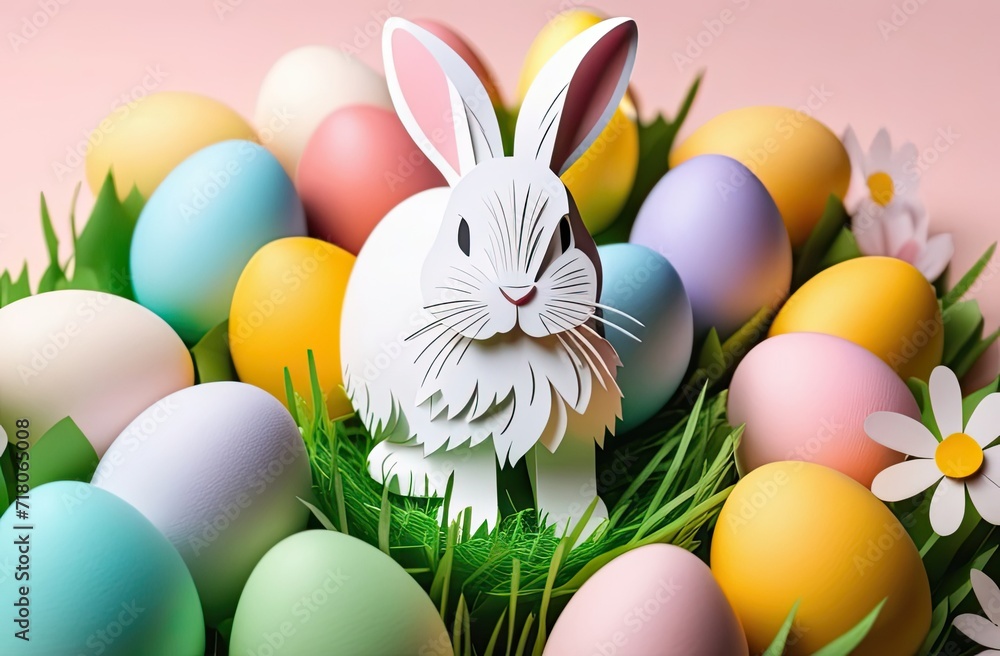 Easter image with eggs and bunny and flowers in paper cut style Easter image with eggs and bunny and flowers in paper cut style