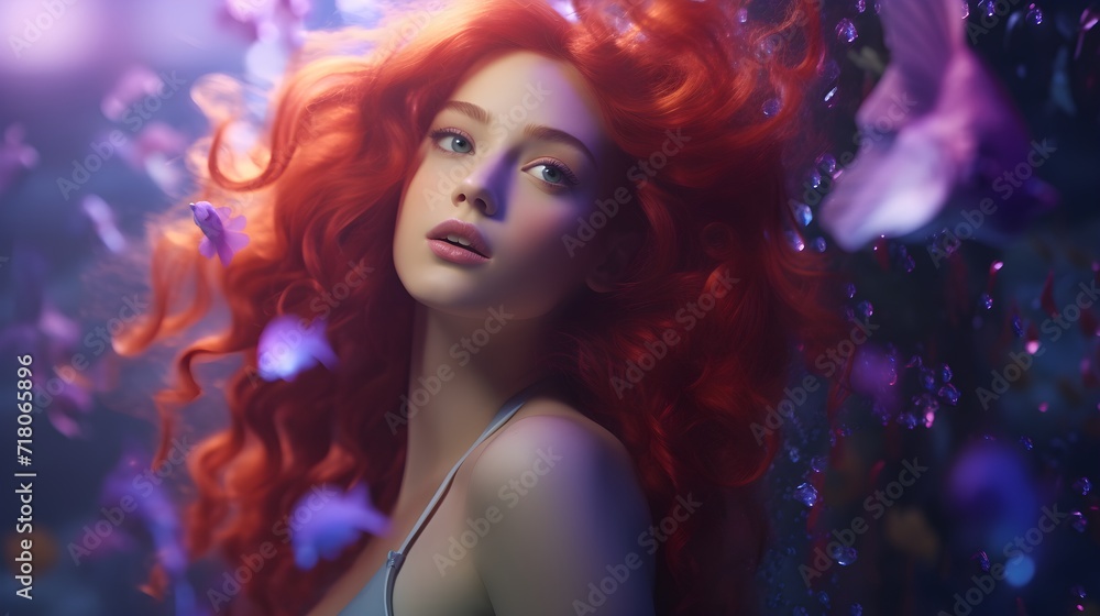 Close up photo of real mermaid with purple red hair swimming underwater near coral reef with colorful fish, fantasy Close up photo of real mermaid with purple red hair swimming underwater near coral reef with colorful fish, fantasy
