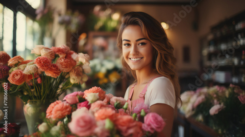 Person, cute woman in a supermarket. Cheerful young confident florist working at flower shop. Happy lifestyle. Holiday concept