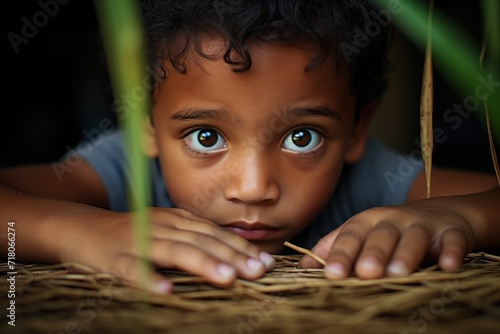 Latin poor kid on the floor among plants photo