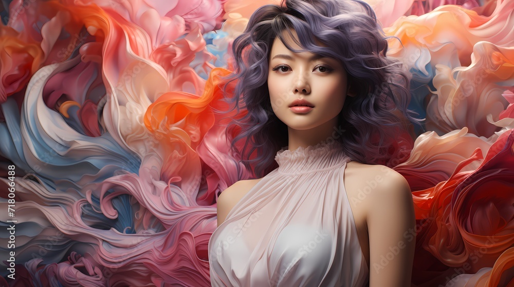 Dynamic swirls of AI-generated galaxies encircling a captivating Japanese model against a lavender-gray pastel background