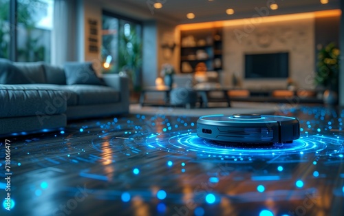 Robotic vacuum cleaner on the floor in cozy modern living room.