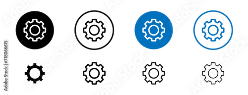 Settings line icon set. Cogwheel gear computer button symbol in black and blue color.