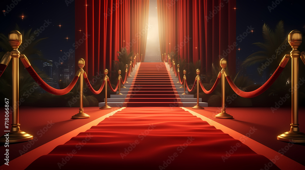 Red carpet on the stairs on dark background, the way to glory, victory and success Red carpet on the stairs on dark background, the way to glory, victory and success