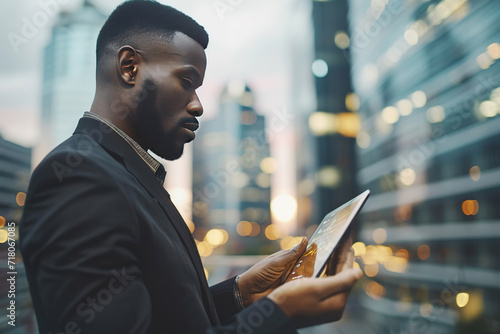 handsome black african american businessman holding smart tablet screen in hands analyzing the world economy stock market. holographic web design. city skyscrapers in blurry background. photo