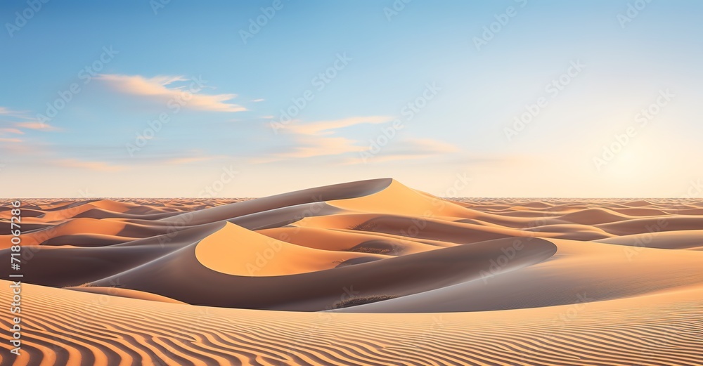 Beautiful expanse of light brown desert with views of the blue sky. generative AI