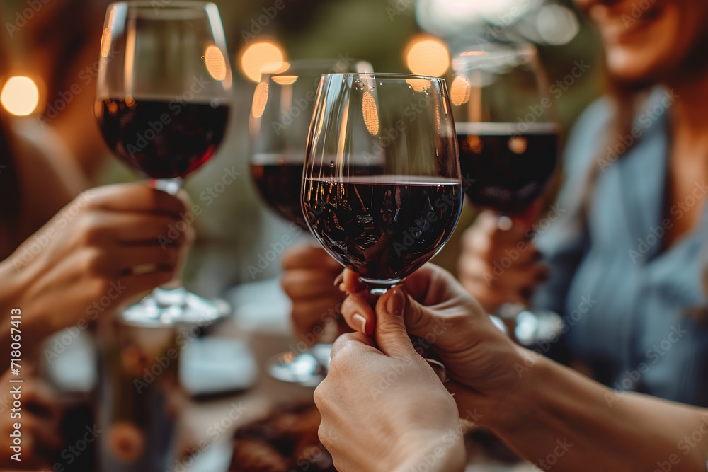 Hand holding glass of red wine , people cheering, cheers, spending a moment together with friends, party, happy moment, wine tasting, cheering, family Hand holding glass of red wine , people cheering, cheers, spending a moment together with friends, party, happy moment, wine tasting, cheering, family