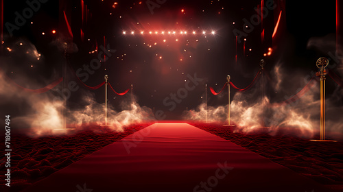 Red carpet on the stairs on dark background  the way to glory  victory and success