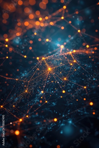 An artistic representation of a blockchain network, with interconnected nodes glowing against a dark background, symbolizing connectivity © Nino Lavrenkova