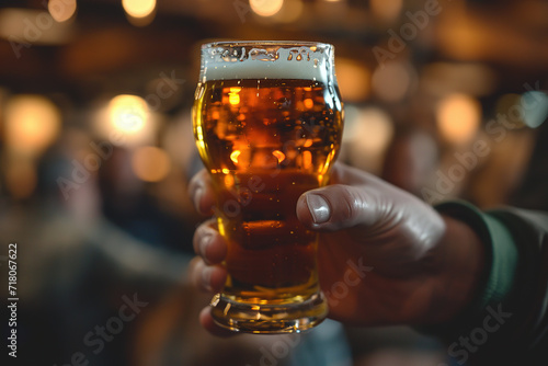 Hand holding glass of blond beer, beer tasting, brewery, people cheering, cheers, spending a moment together with friends, party, happy moment, nightclub, restaurant, cheering, family