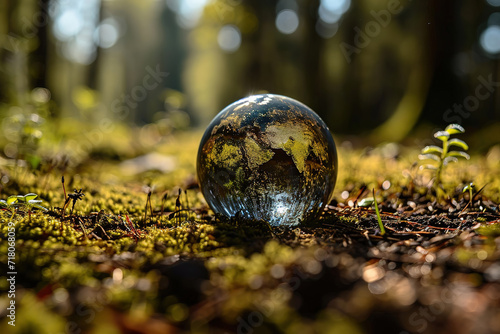 Earth globe in nature, wild life, ecology, tiny planet, forest, moss, earth ball on the ground, dirt, protecting the earth, plant a tree, back to nature, CSR, human impact on nature