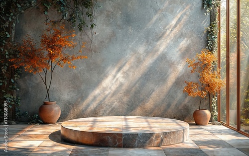 A Stone Stage with Shadows in the background, Stone podium with grey background, minimalist stone podium. © hugo