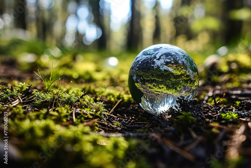 Earth globe in nature, wild life, ecology, tiny planet, forest, moss, earth ball on the ground, dirt, protecting the earth, plant a tree, back to nature, CSR, human impact on nature