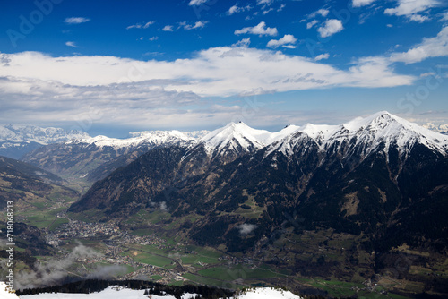 Valley in Alpine mountains, village. View from top. Austria photo