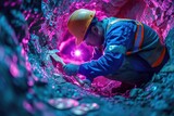 An Asian man in a hard hat and reflective vest with a pickaxe mines Bitcoin in a mine