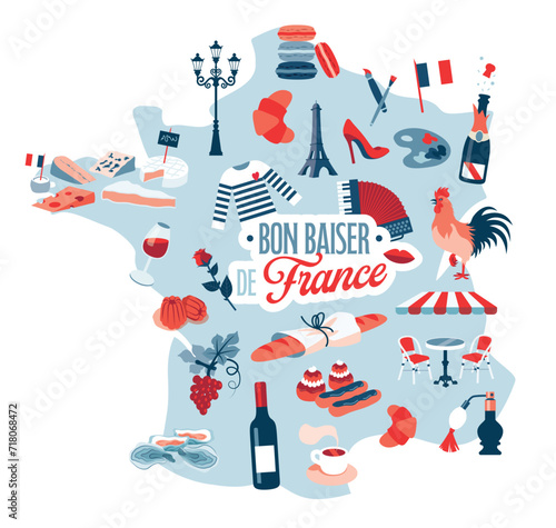 Bon baiser de France, french Symbols on a map. Blue and red pictograms in a flat design. Vector illustrations on a white background. Culture, art, food, cheese and wine and champagne