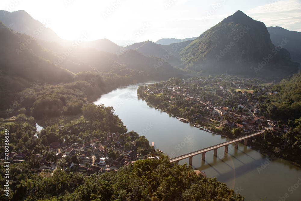 View from above of Nong Khiaw town during golden sunset