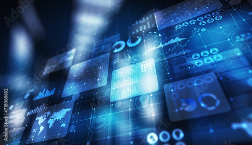 Business intelligence analyst dashboard on virtual screen. Big data Graphs Charts.