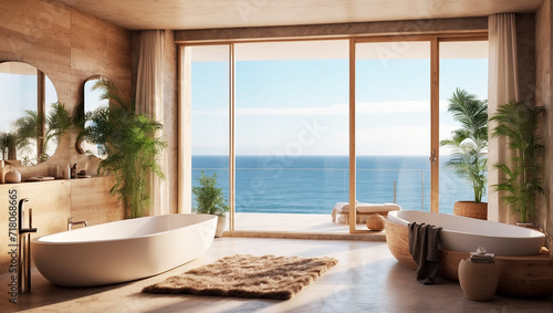 Beautiful bathroom in cosy interior with big window with sea view  cosy atmosphere  sunlight  natural colours  photorealistic